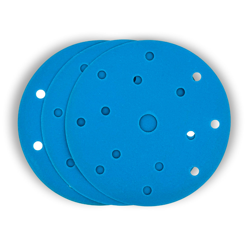 Dischi abrasivi Light Blue in film PET con fori, ideali per levigatura a secco e umido su metallo, legno, vernici e materiali compositi.