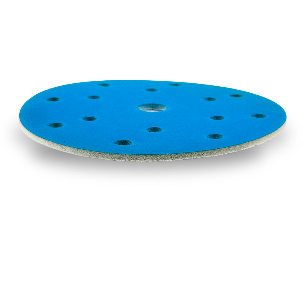 Dischi abrasivi Light Blue in film PET con fori, ideali per levigatura a secco e umido su metallo, legno, vernici e materiali compositi.