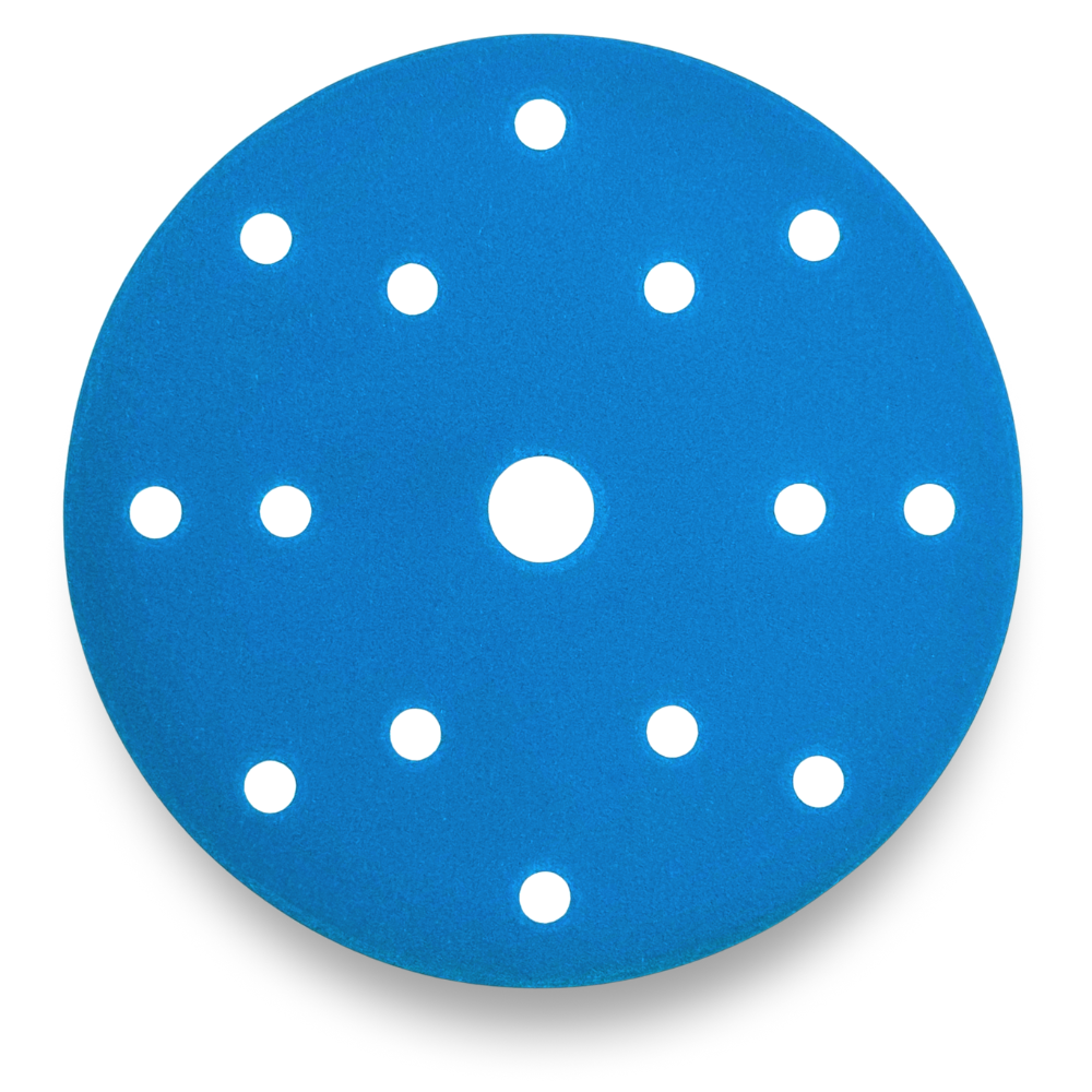 Dischi abrasivi Light Blue in film PET con fori, ideali per levigatura a secco e umido su metallo, legno, vernici e materiali compositi.
