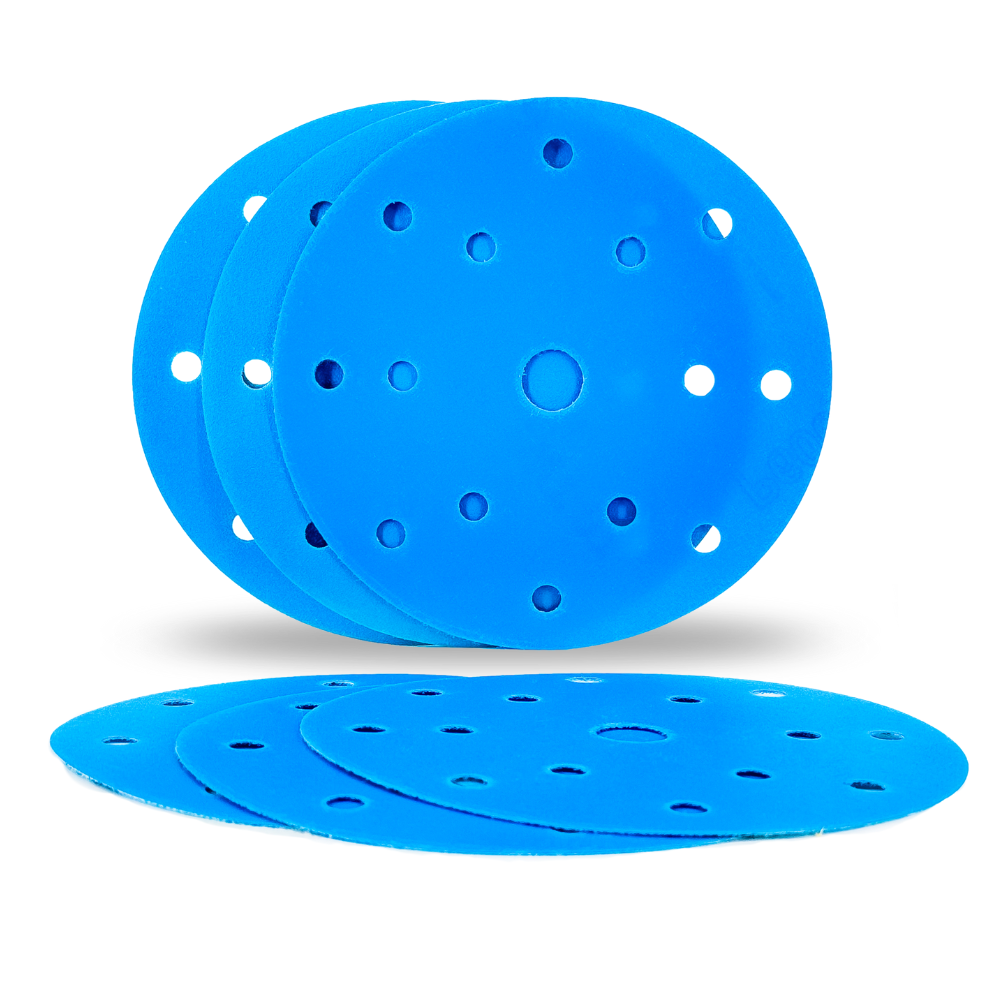 Dischi abrasivi Light Blue in film PET con fori, ideali per levigatura a secco e umido su metallo, legno, vernici e materiali compositi.